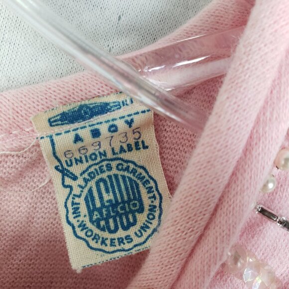 Vintage Union Label 60s 70s Knit Blouse Top Beaded Pastel Pink Half Sleeve M/L - Picture 3 of 11